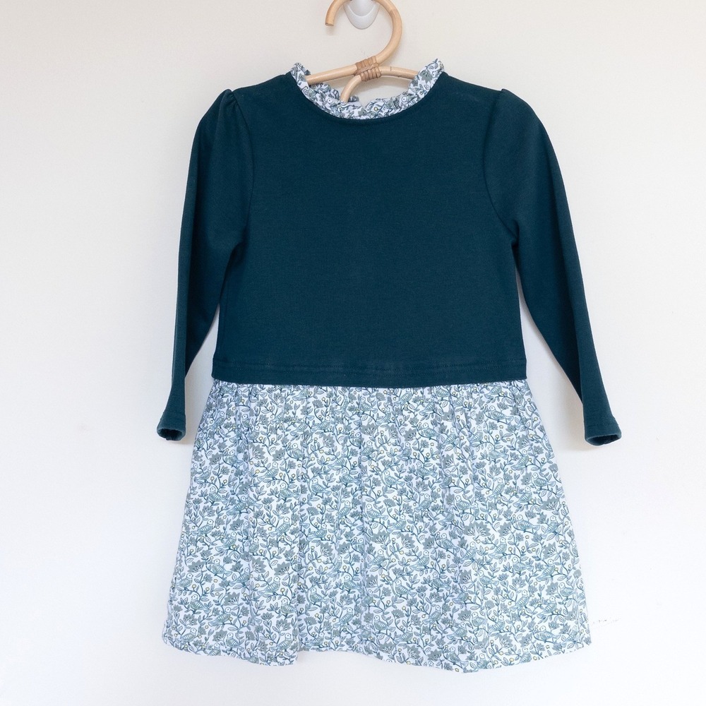 Sergent Major Dress Teal Floral Bird Print Long Sleeve Ruffle Collar Kids 4Y